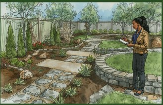 Designer surveying a terraced garden